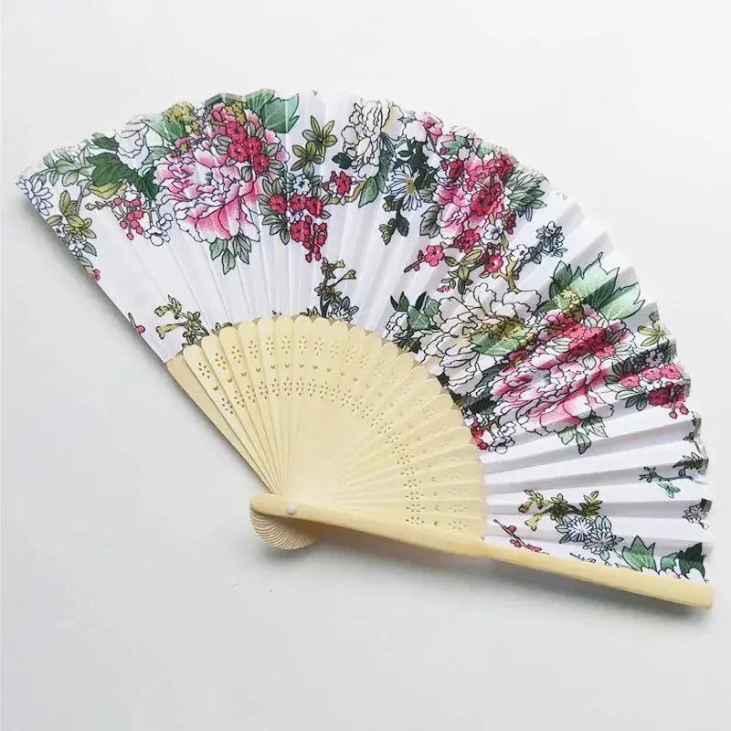 Exquisite Floral Print Bamboo Hand Fan - Foldable Cloth Accessory for Weddings, Parties, and Performances - Lacatang Shop