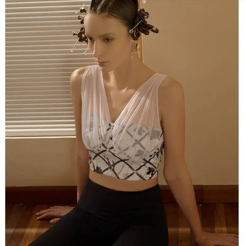 Fashion Mesh Patchwork Fairy Sleeveless Yoga Clothes Suit Exercise Underwear Bra Tight Fitness Vest Women with Chest Pad - Lacatang Shop