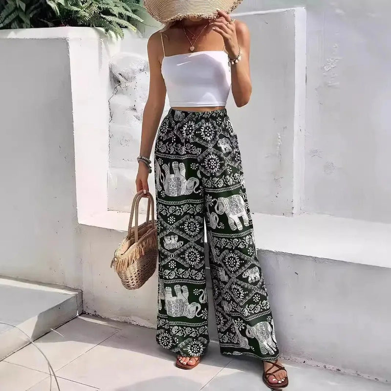 Fashion Women Wide Leg Pants High Waist Thailand Elephant Print Pant Summer Thin Straight Trousers Casual Bottom Female Clothing - Lacatang Shop