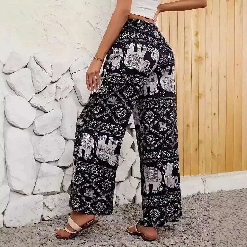 Fashion Women Wide Leg Pants High Waist Thailand Elephant Print Pant Summer Thin Straight Trousers Casual Bottom Female Clothing - Lacatang Shop