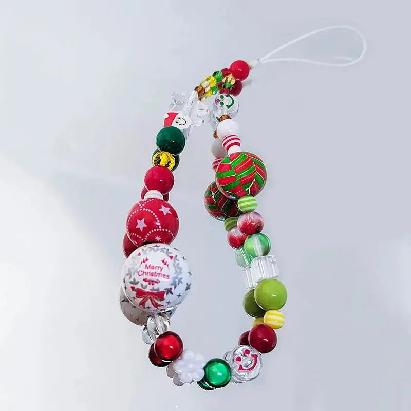 Gingerbread Man Mobile Phone Charm Strap Chain Lanyard Cute Red Green Clear Acrylic Bead Women Christmas Gifts Cellphone Jewelry - Lacatang Shop