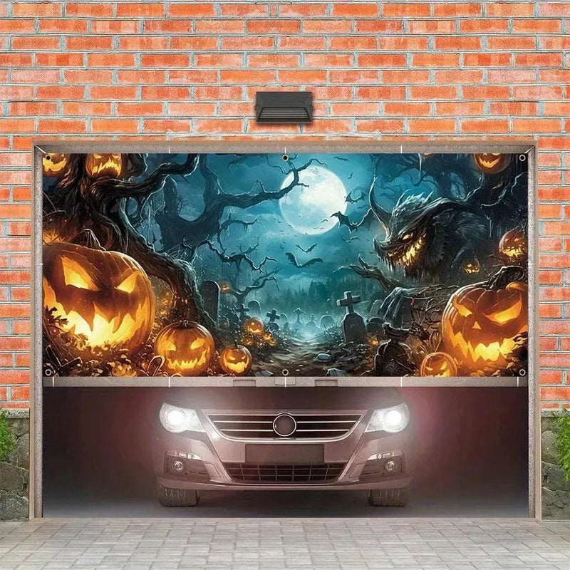Halloween Garage Door Banner Decoration, Misty Forest Pumpkin Lantern Scene - Lacatang Shop