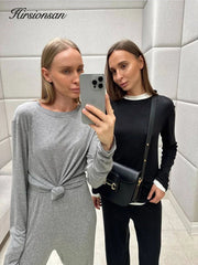 Hirsionsan Modal Soft Loose Sets Women 2025 Casual Two Pieces Long Sleeve T Shirts and High Waist Dresses Outfits Tracksuit - Lacatang Shop