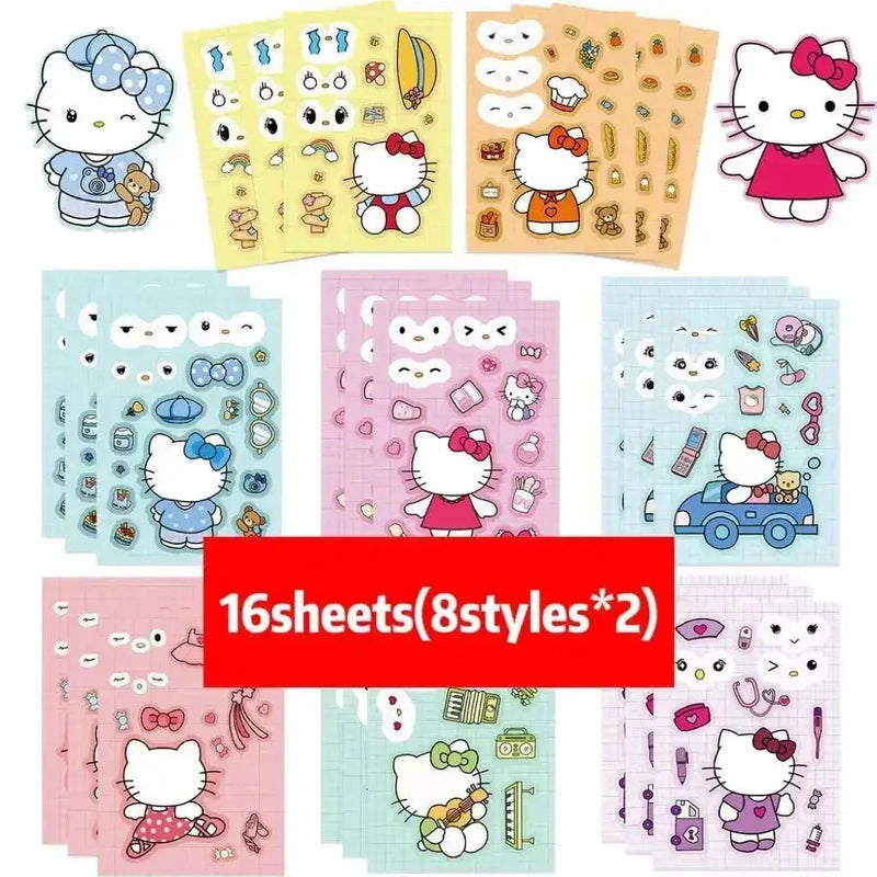 Kawaii Hello Kitty Make - a - Face Jigsaw Sticker Puzzle Set - 8/16 Sheets of Fun Cartoon Assemble Game for Kids - Lacatang Shop