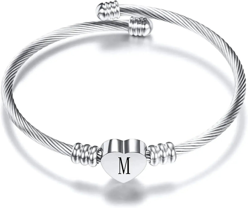 Personalized Initial Heart Letter Cuff Bracelet for Women and Girls A-Z