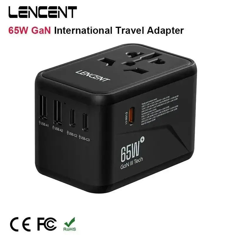 LENCENT 65W/100W GaN International Travel Adapter with 2 USB and 3 Type-C Ports