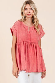 Mittoshop Mixed Media Mineral Wash Babydoll Short Sleeve Blouse - Lacatang Shop