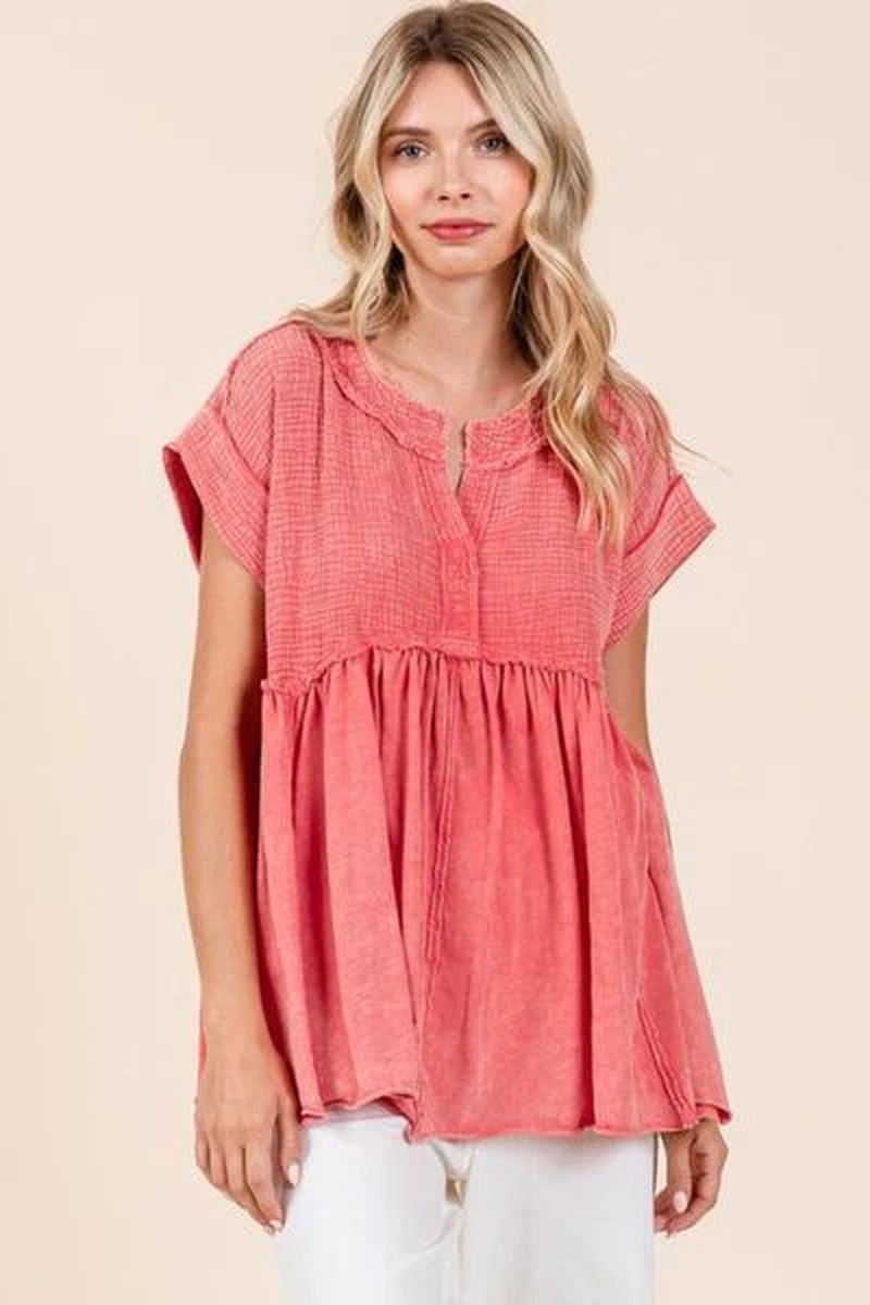 Mittoshop Mixed Media Mineral Wash Babydoll Short Sleeve Blouse - Lacatang Shop