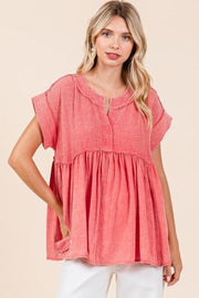 Mittoshop Mixed Media Mineral Wash Babydoll Short Sleeve Blouse - Lacatang Shop