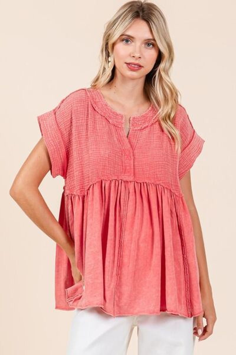 Mittoshop Mixed Media Mineral Wash Babydoll Short Sleeve Blouse - Lacatang Shop