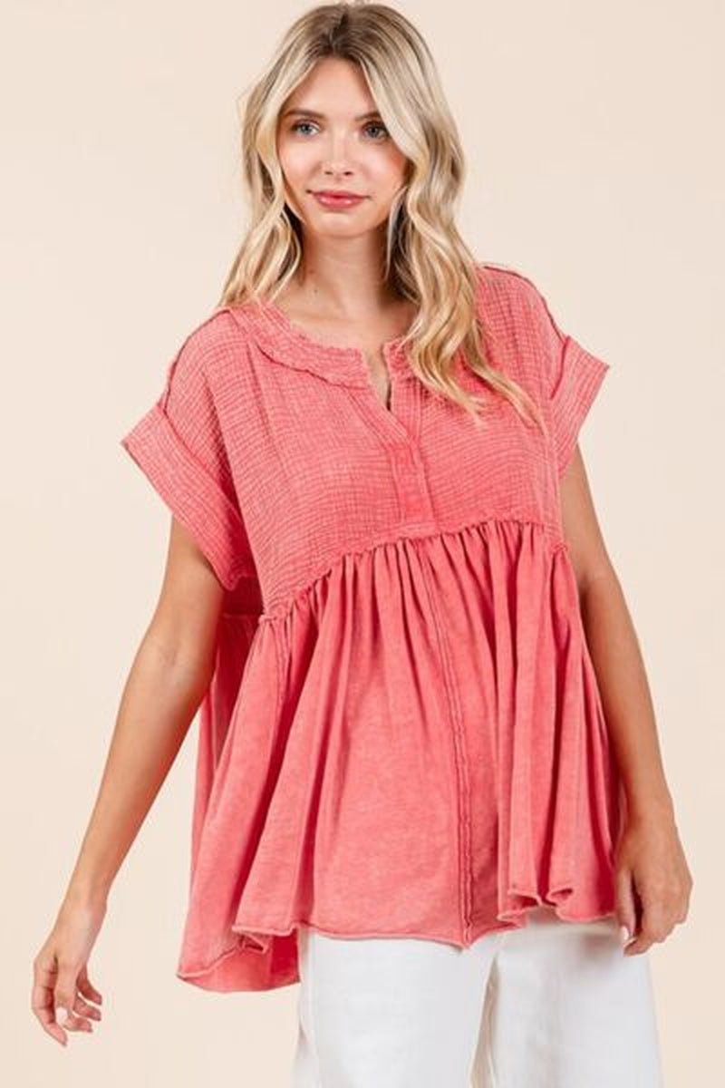 Mittoshop Mixed Media Mineral Wash Babydoll Short Sleeve Blouse - Lacatang Shop