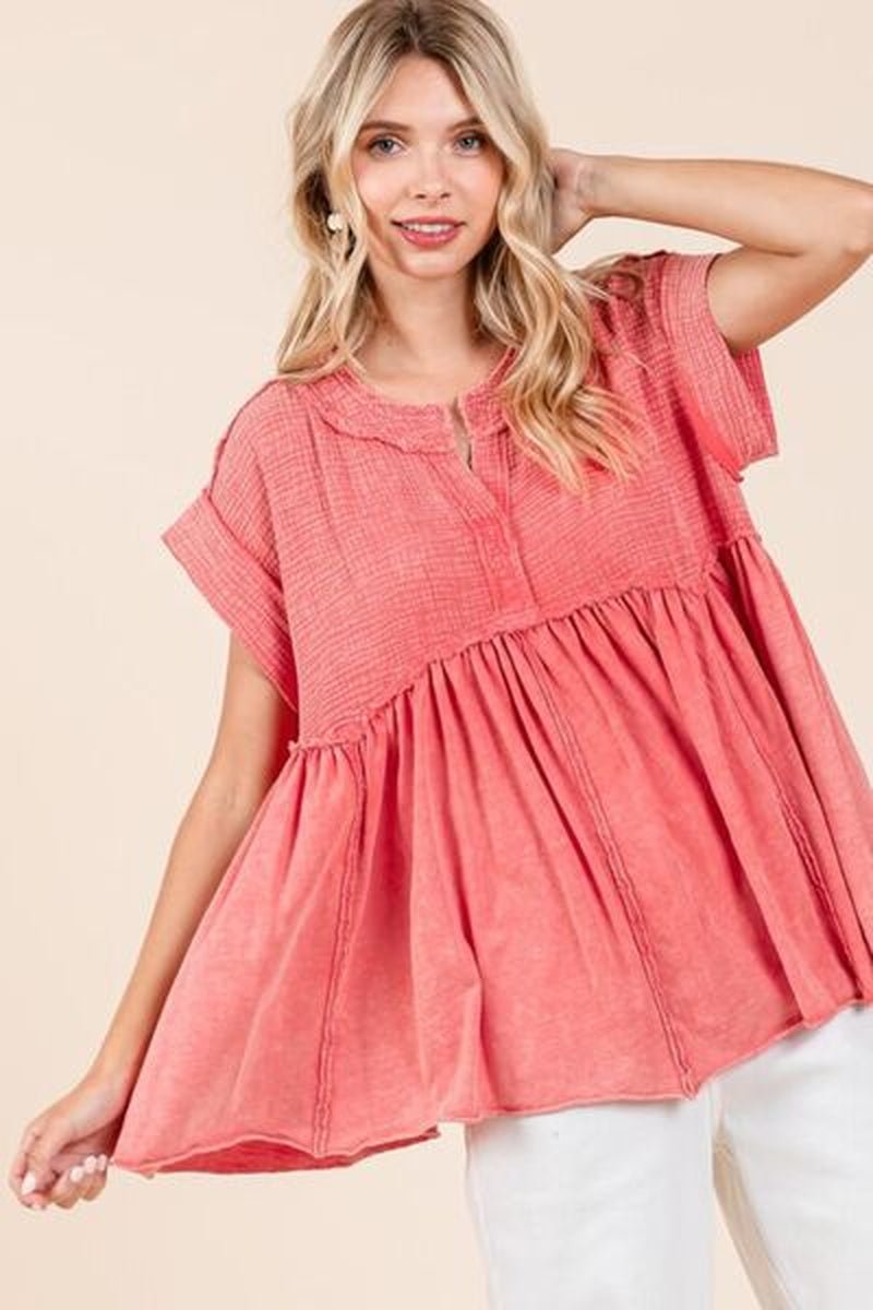 Mittoshop Mixed Media Mineral Wash Babydoll Short Sleeve Blouse - Lacatang Shop