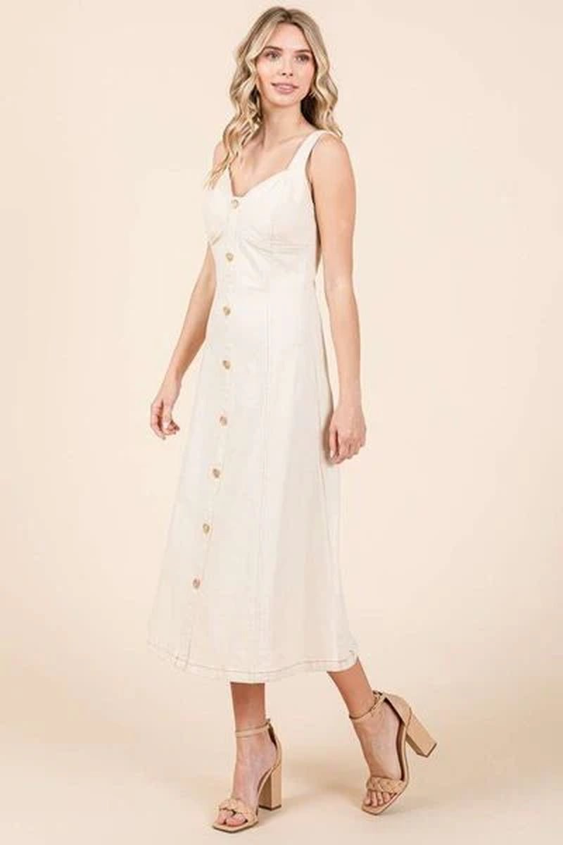 Mittoshop Stretch Twill Decor Button Sleeveless Midi Dress - Lacatang Shop
