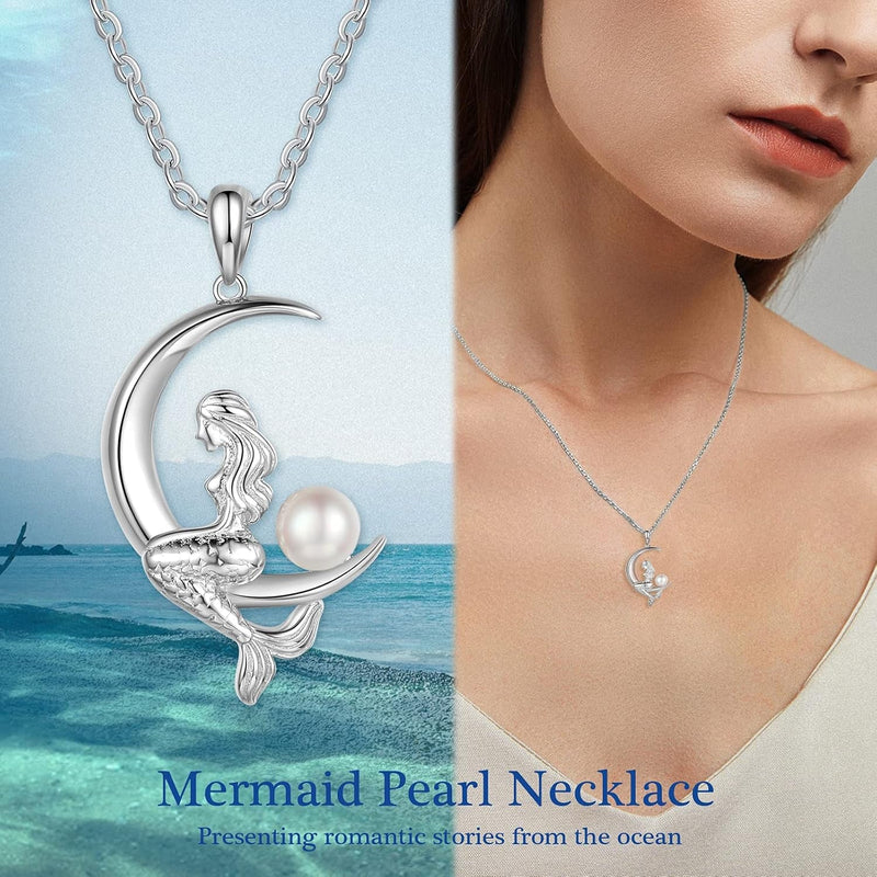 Pearl Mermaid Pendant Necklace for Women,Moon Pendant Mermaid Necklace with Pearl,Silver Jewelry Gifts for Mom,Daughter,Mermaid Moon Necklace Birthday Gifts for Women,Mermaid Necklace - Lacatang Shop