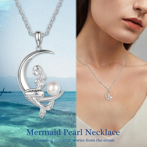 Pearl Mermaid Pendant Necklace for Women,Moon Pendant Mermaid Necklace with Pearl,Silver Jewelry Gifts for Mom,Daughter,Mermaid Moon Necklace Birthday Gifts for Women,Mermaid Necklace - Lacatang Shop