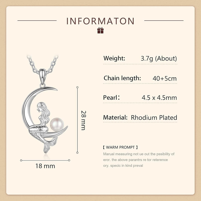 Pearl Mermaid Pendant Necklace for Women,Moon Pendant Mermaid Necklace with Pearl,Silver Jewelry Gifts for Mom,Daughter,Mermaid Moon Necklace Birthday Gifts for Women,Mermaid Necklace - Lacatang Shop