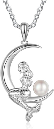 Pearl Mermaid Pendant Necklace for Women,Moon Pendant Mermaid Necklace with Pearl,Silver Jewelry Gifts for Mom,Daughter,Mermaid Moon Necklace Birthday Gifts for Women,Mermaid Necklace - Lacatang Shop