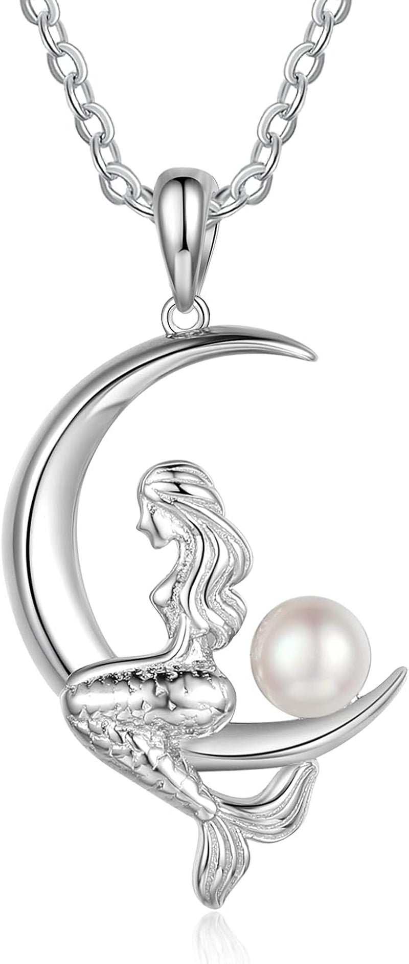 Pearl Mermaid Pendant Necklace for Women,Moon Pendant Mermaid Necklace with Pearl,Silver Jewelry Gifts for Mom,Daughter,Mermaid Moon Necklace Birthday Gifts for Women,Mermaid Necklace - Lacatang Shop