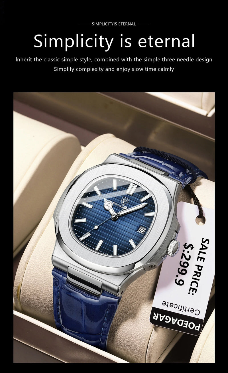 POEDAGAR Luxury Man Wristwatch Waterproof Luminous Date Leather Men's Watches Sports Square Men Watch Casual Quartz Male Clocks - Lacatang Shop