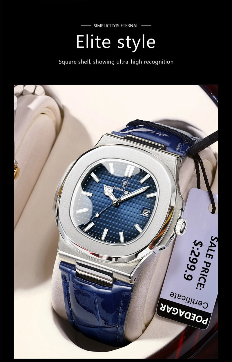 POEDAGAR Luxury Man Wristwatch Waterproof Luminous Date Leather Men's Watches Sports Square Men Watch Casual Quartz Male Clocks - Lacatang Shop