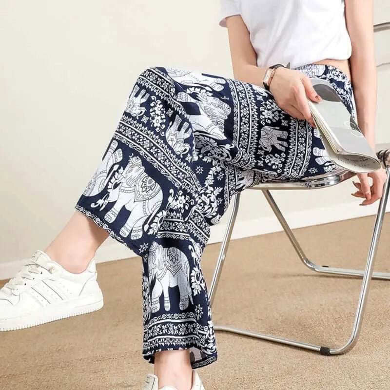 Summer Palazzo Pants with Pockets for Women Drawstring High Waisted Wide Leg Bohemian Elephant Printed Lounge Trousers - Lacatang Shop