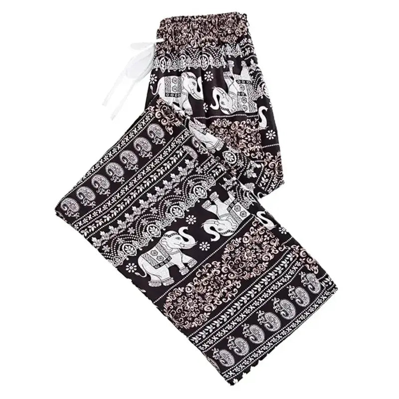 Summer Palazzo Pants with Pockets for Women Drawstring High Waisted Wide Leg Bohemian Elephant Printed Lounge Trousers - Lacatang Shop