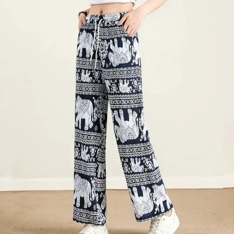 Summer Palazzo Pants with Pockets for Women Drawstring High Waisted Wide Leg Bohemian Elephant Printed Lounge Trousers - Lacatang Shop