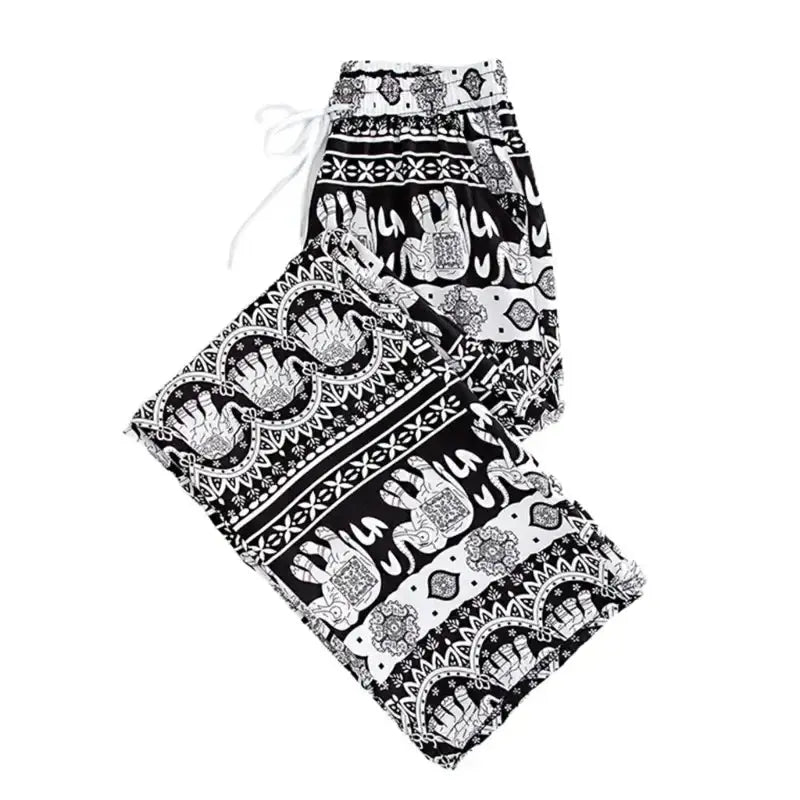 Summer Palazzo Pants with Pockets for Women Drawstring High Waisted Wide Leg Bohemian Elephant Printed Lounge Trousers - Lacatang Shop