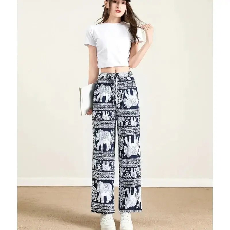 Summer Palazzo Pants with Pockets for Women Drawstring High Waisted Wide Leg Bohemian Elephant Printed Lounge Trousers - Lacatang Shop