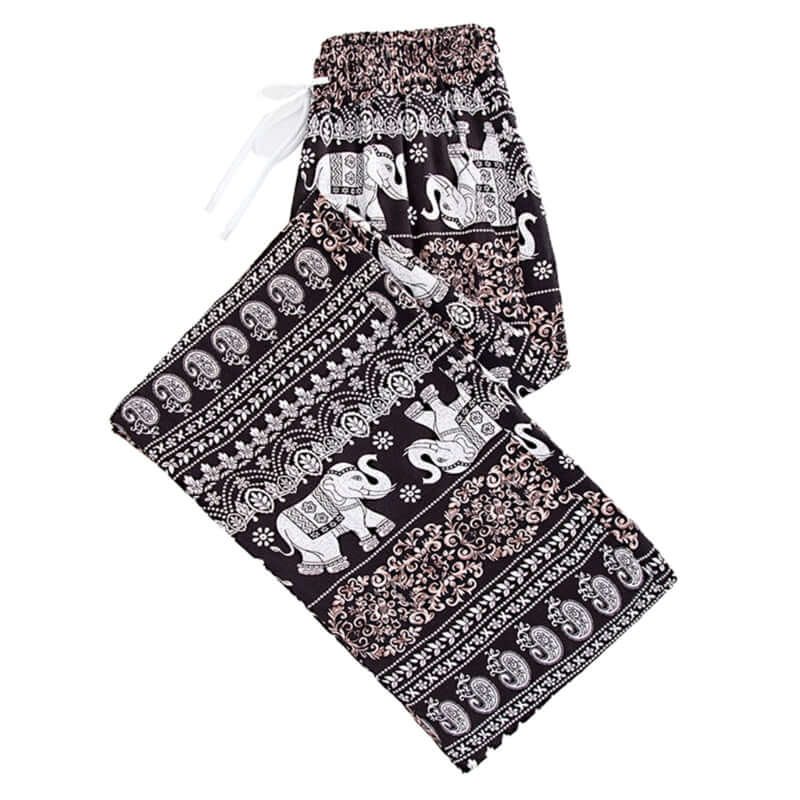 Summer Palazzo Pants with Pockets for Women Drawstring High Waisted Wide Leg Bohemian Elephant Printed Lounge Trousers - Lacatang Shop