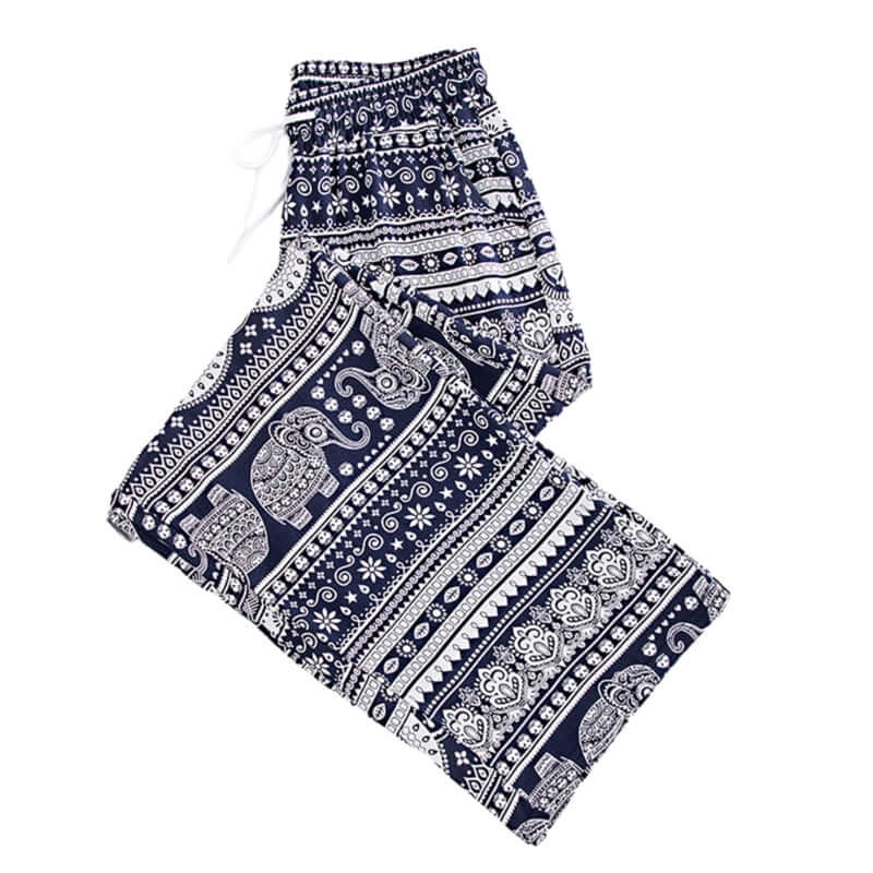 Summer Palazzo Pants with Pockets for Women Drawstring High Waisted Wide Leg Bohemian Elephant Printed Lounge Trousers - Lacatang Shop