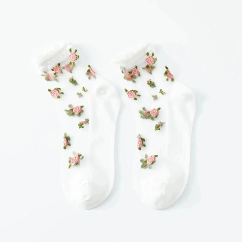 Summer Ultra - thin Transparent Lace Ruffle Socks Vintage Rose Flower Crystal Silk Socks Women Girls Kawaii Harajuku Crew Socks - Lacatang Shop