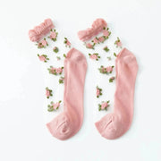 Summer Ultra - thin Transparent Lace Ruffle Socks Vintage Rose Flower Crystal Silk Socks Women Girls Kawaii Harajuku Crew Socks - Lacatang Shop