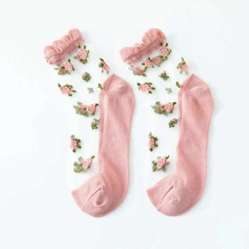 Summer Ultra - thin Transparent Lace Ruffle Socks Vintage Rose Flower Crystal Silk Socks Women Girls Kawaii Harajuku Crew Socks - Lacatang Shop