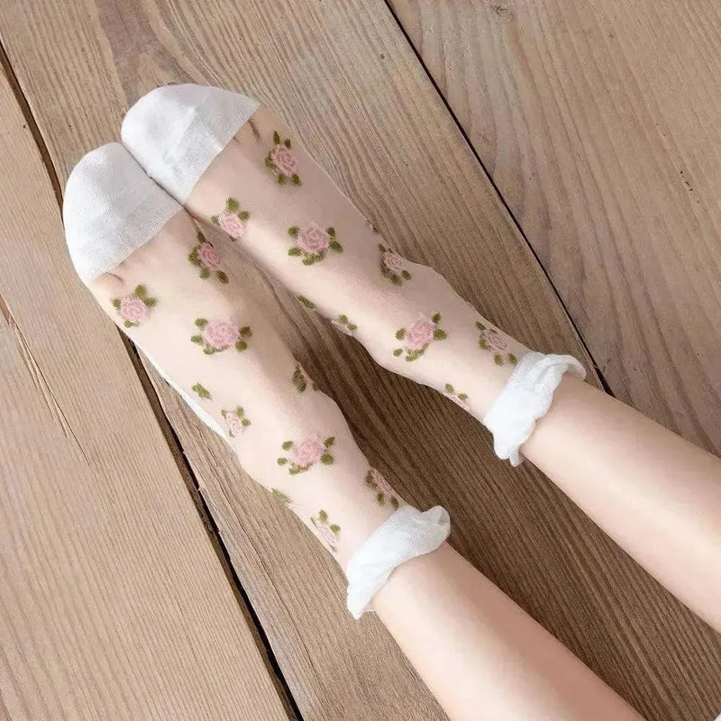 Summer Ultra - thin Transparent Lace Ruffle Socks Vintage Rose Flower Crystal Silk Socks Women Girls Kawaii Harajuku Crew Socks - Lacatang Shop