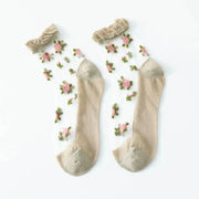 Summer Ultra - thin Transparent Lace Ruffle Socks Vintage Rose Flower Crystal Silk Socks Women Girls Kawaii Harajuku Crew Socks - Lacatang Shop