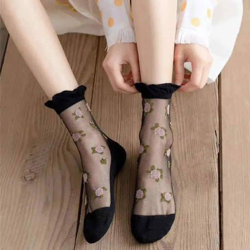 Summer Ultra - thin Transparent Lace Ruffle Socks Vintage Rose Flower Crystal Silk Socks Women Girls Kawaii Harajuku Crew Socks - Lacatang Shop