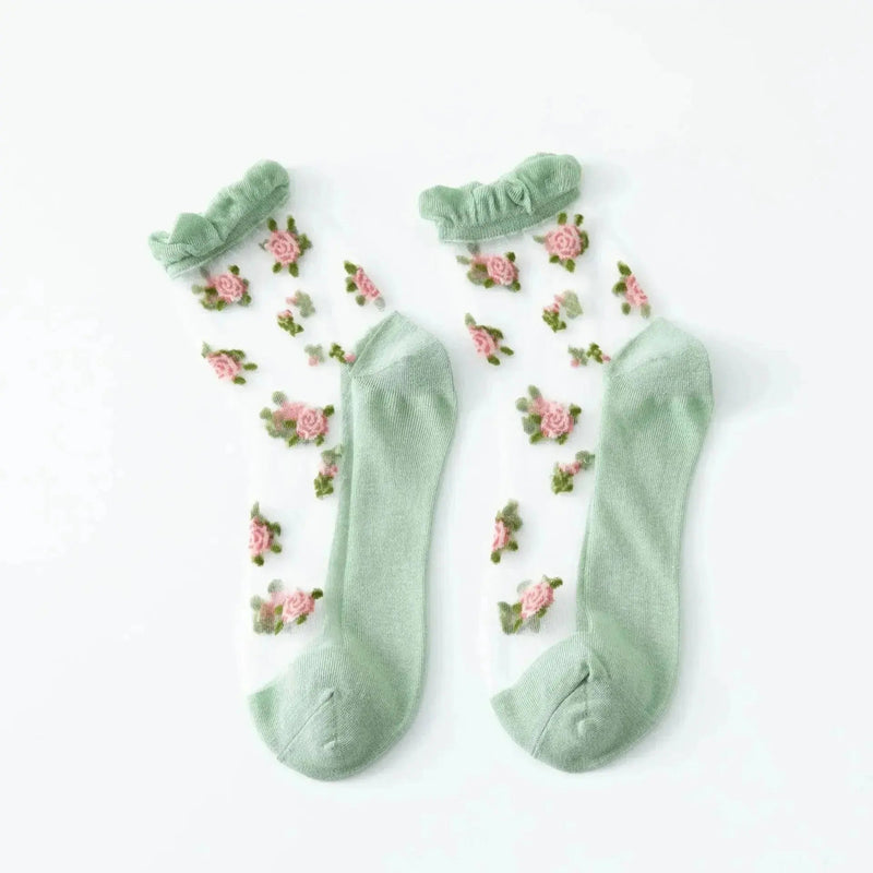 Summer Ultra - thin Transparent Lace Ruffle Socks Vintage Rose Flower Crystal Silk Socks Women Girls Kawaii Harajuku Crew Socks - Lacatang Shop