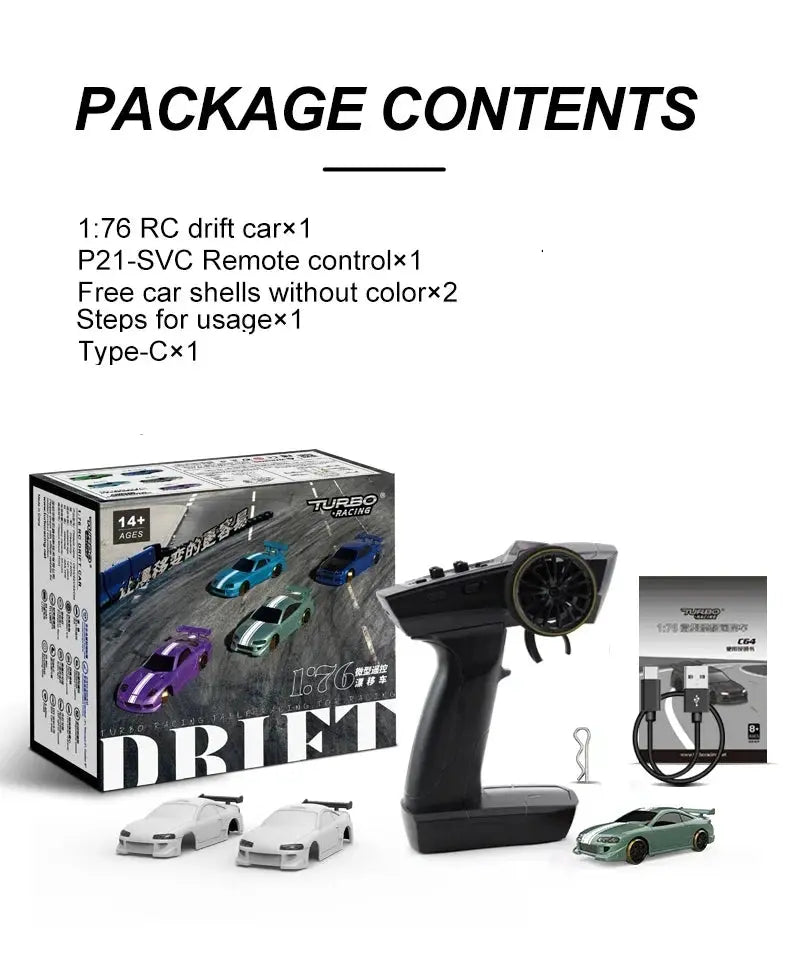 Turbo Racing 1:76 C65 C64 C63 C61 C62 C72 C73 C74 C75 RTR Flat Running Toys on Road RC Drift Car W/ Gyro Radio For Kids Adults - Lacatang Shop