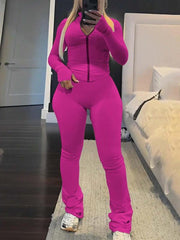 Two - Piece Set Women'S Solid Zip up Crop Top & High Waist Skinny Pants, Casual Fashion Cozy Breathable Outfits for Daily Outdoor Wear, Women Clothes for Fall & Winter - Lacatang Shop