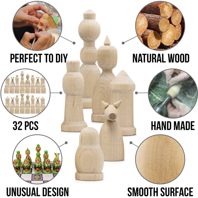 Unfinished Wood Chess Pieces Only Set of 32 Pcs Paint Your Own Chess Set DIY Kit - Lacatang Shop