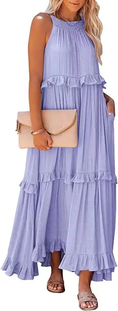 Women Casual Solid Ruffles Long Dress Summer Elegant Sleeveless Sundress Elegant Harajuku Maxi Dress Beach Party Evening Vestido - Lacatang Shop