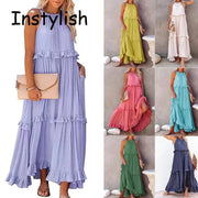Women Casual Solid Ruffles Long Dress Summer Elegant Sleeveless Sundress Elegant Harajuku Maxi Dress Beach Party Evening Vestido - Lacatang Shop