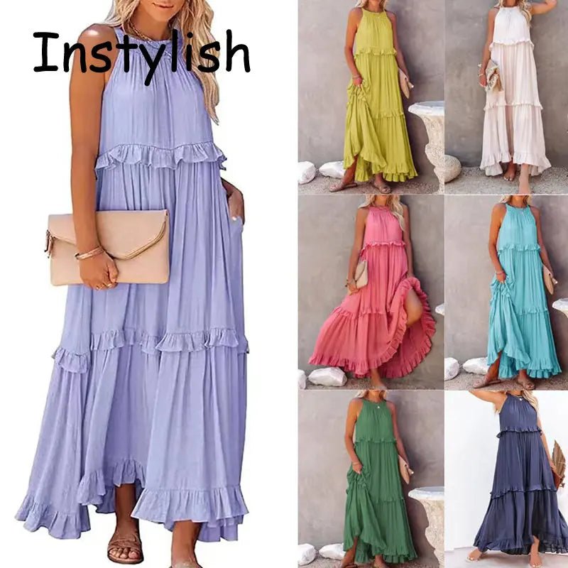 Women Casual Solid Ruffles Long Dress Summer Elegant Sleeveless Sundress Elegant Harajuku Maxi Dress Beach Party Evening Vestido - Lacatang Shop