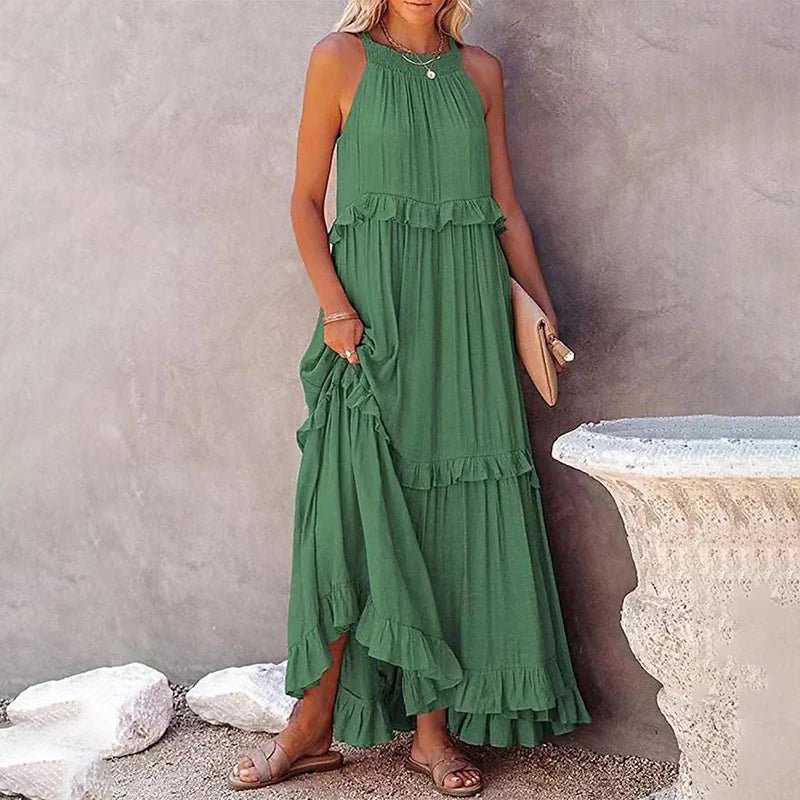 Women Casual Solid Ruffles Long Dress Summer Elegant Sleeveless Sundress Elegant Harajuku Maxi Dress Beach Party Evening Vestido - Lacatang Shop