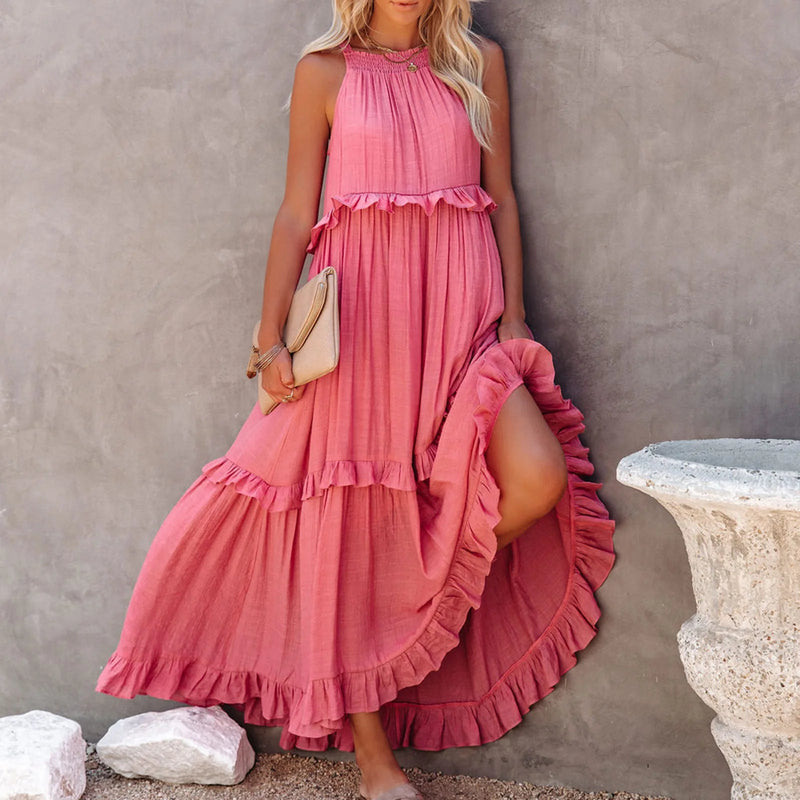 Women Casual Solid Ruffles Long Dress Summer Elegant Sleeveless Sundress Elegant Harajuku Maxi Dress Beach Party Evening Vestido - Lacatang Shop