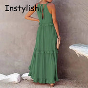 Women Casual Solid Ruffles Long Dress Summer Elegant Sleeveless Sundress Elegant Harajuku Maxi Dress Beach Party Evening Vestido - Lacatang Shop