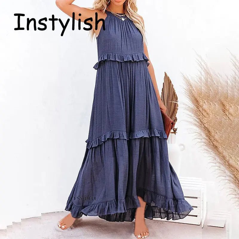 Women Casual Solid Ruffles Long Dress Summer Elegant Sleeveless Sundress Elegant Harajuku Maxi Dress Beach Party Evening Vestido - Lacatang Shop