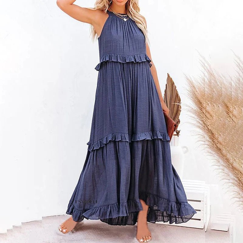 Women Casual Solid Ruffles Long Dress Summer Elegant Sleeveless Sundress Elegant Harajuku Maxi Dress Beach Party Evening Vestido - Lacatang Shop