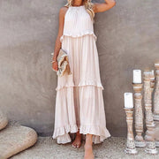 Women Casual Solid Ruffles Long Dress Summer Elegant Sleeveless Sundress Elegant Harajuku Maxi Dress Beach Party Evening Vestido - Lacatang Shop